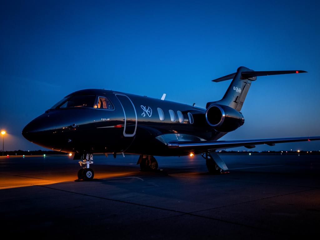 Private jet on a tarmac at blue hour