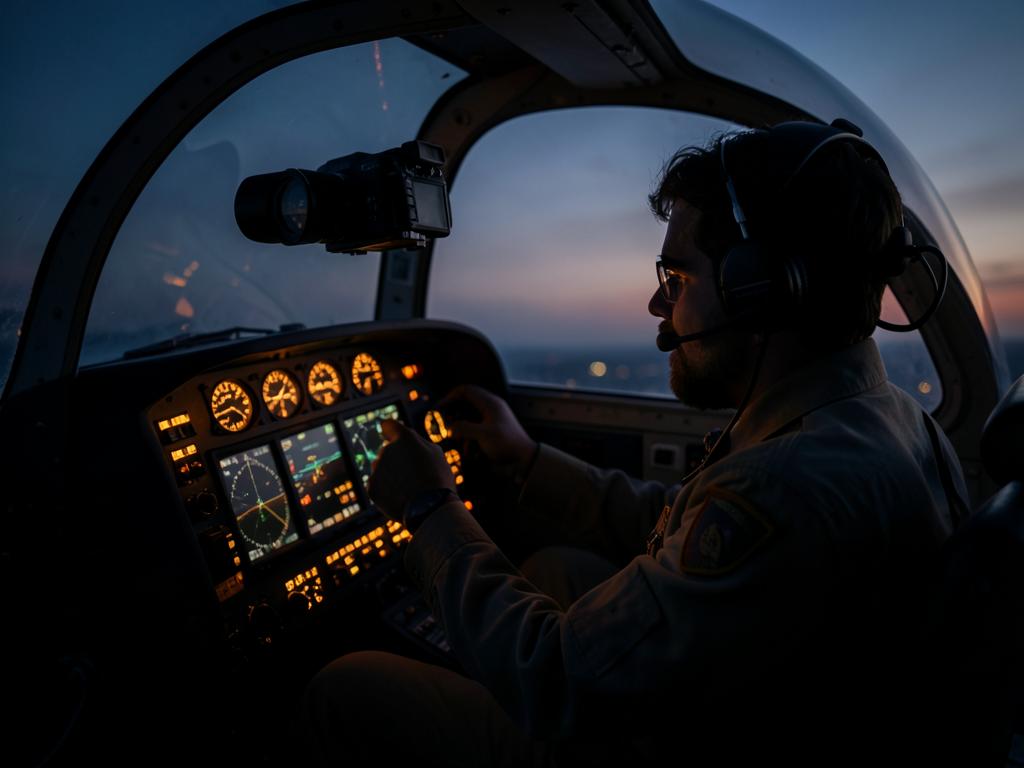 Pilot filming in a cockpit at dusk